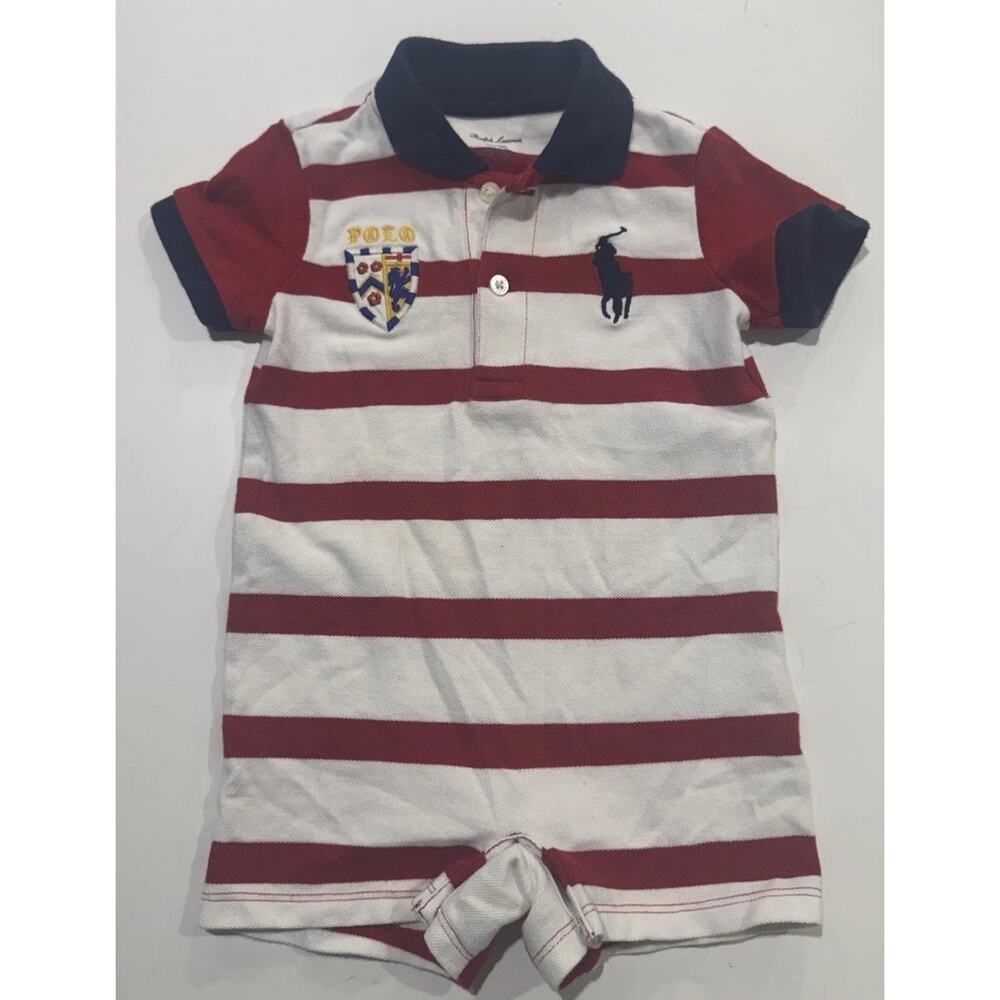 Polo Ralph Lauren Baby Boys Romper 9M Red White Stripe Big Pony Crest